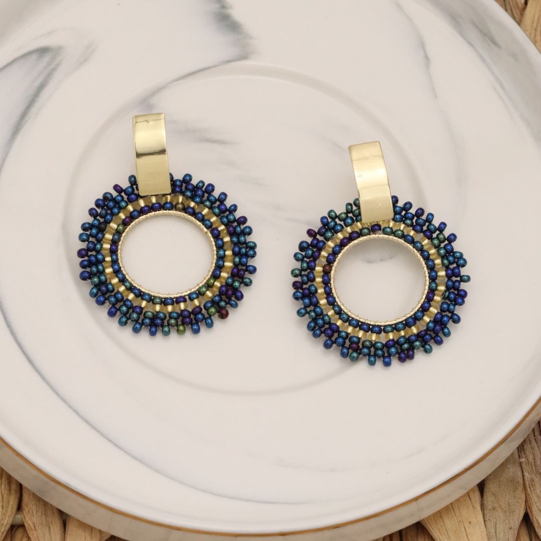 Handmade beaded earrings on wire, featuring a bronze stud with gold plating, available in various colors