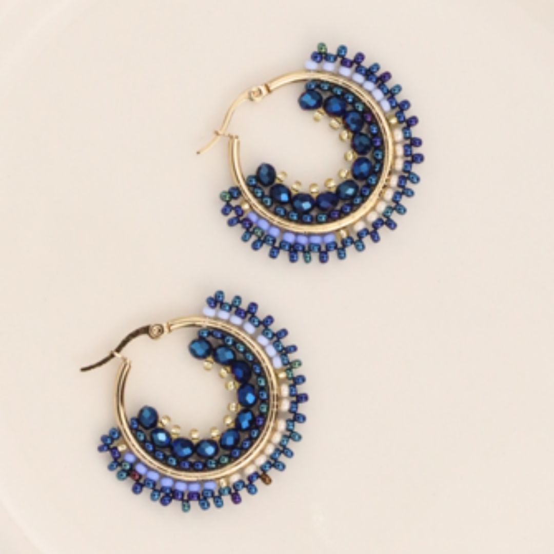 Handmade hoops earrings with beads on wire, featuring a bronze stud with gold plating, available in various colors