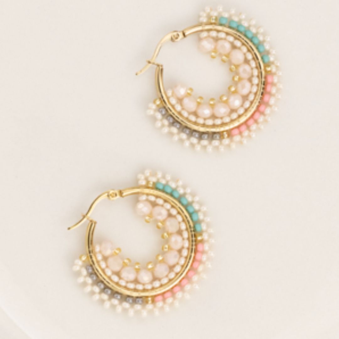 Handmade hoops earrings with beads on wire, featuring a bronze stud with gold plating, available in various colors