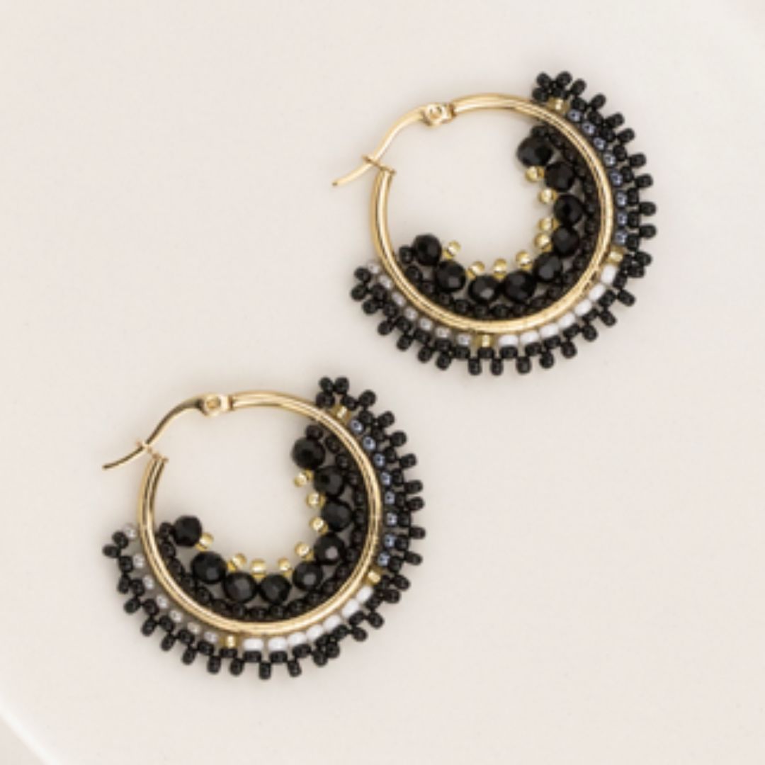 Handmade hoops earrings with beads on wire, featuring a bronze stud with gold plating, available in various colors