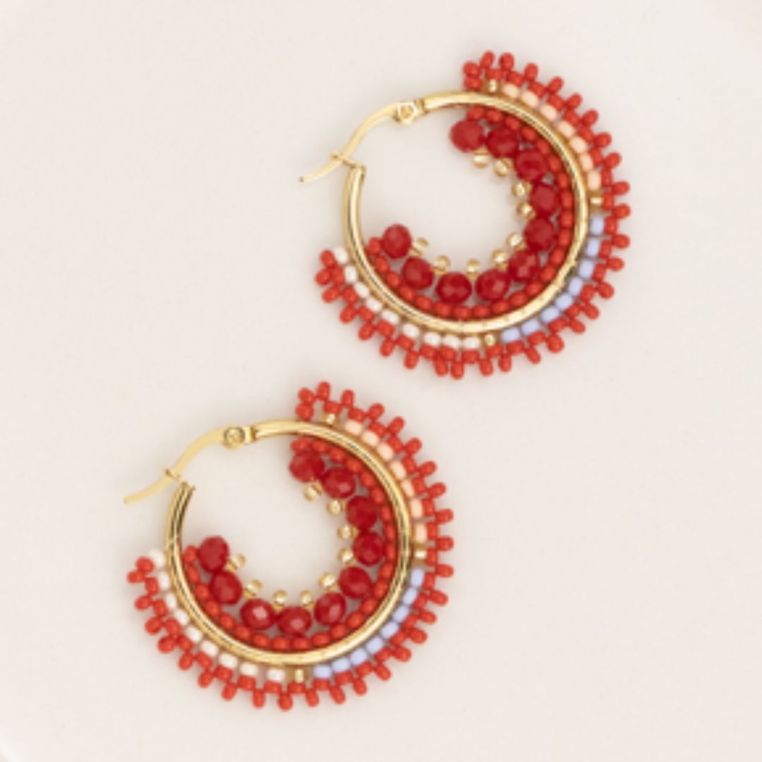 Handmade hoops earrings with beads on wire, featuring a bronze stud with gold plating, available in various colors