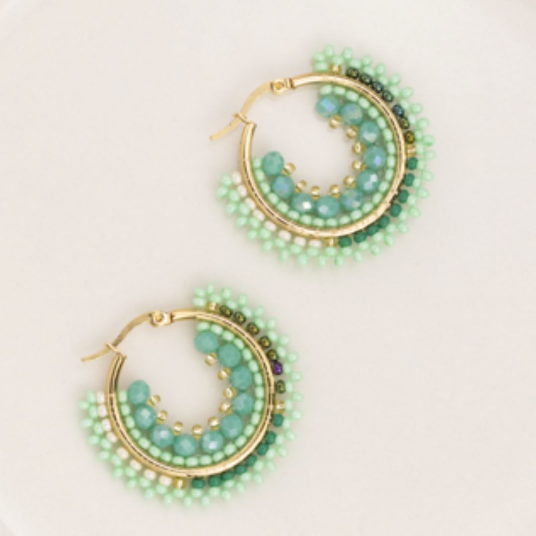 Handmade hoops earrings with beads on wire, featuring a bronze stud with gold plating, available in various colors