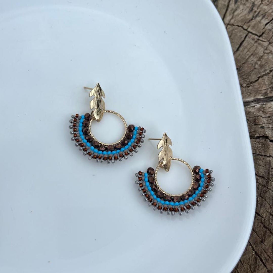 Handmade earrings with beads on wire, featuring a bronze stud with gold plating, available in various colors