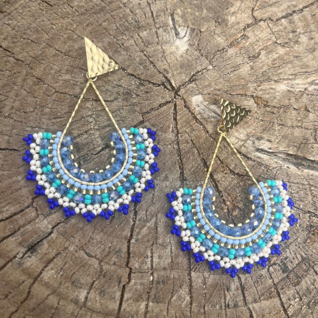 Handmade earrings with beads on wire, featuring a bronze stud with gold plating, available in various colors