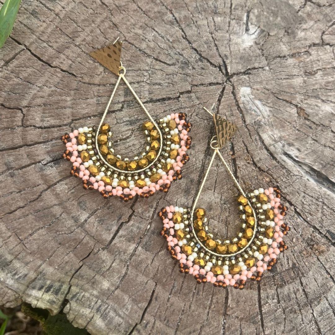 Handmade earrings with beads on wire, featuring a bronze stud with gold plating, available in various colors