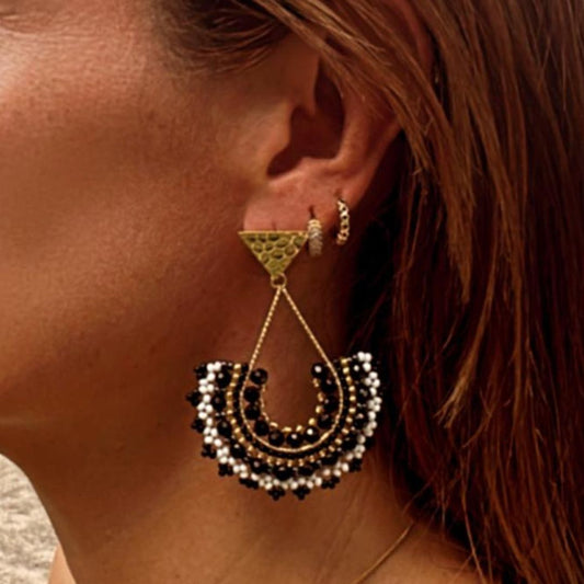 Handmade earrings with beads on wire, featuring a bronze stud with gold plating, available in various colors