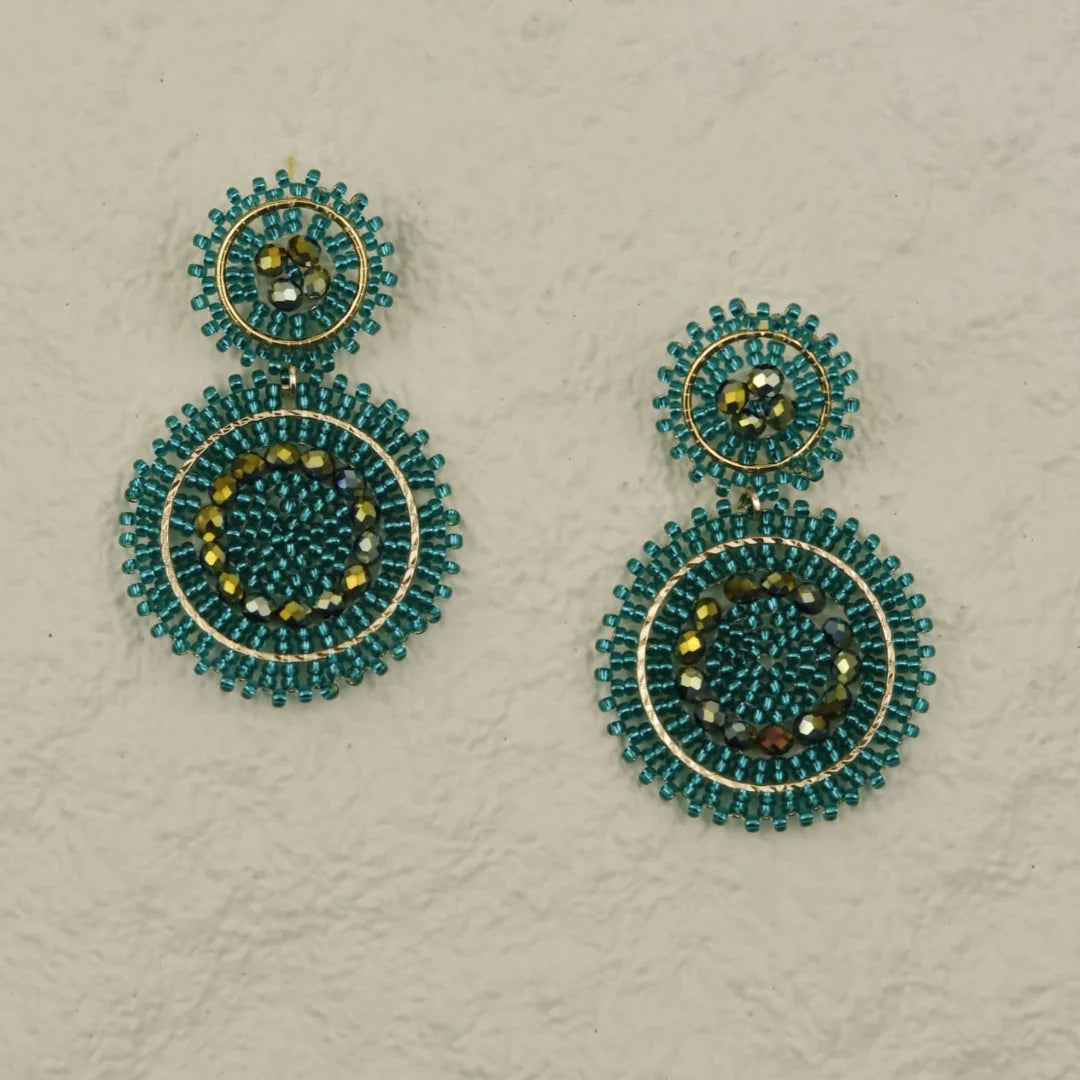 Handmade earrings with beads on wire, featuring a bronze stud with gold plating, available in various colors