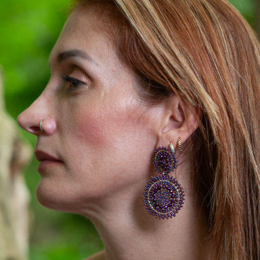 Handmade earrings with beads on wire, featuring a bronze stud with gold plating, available in various colors